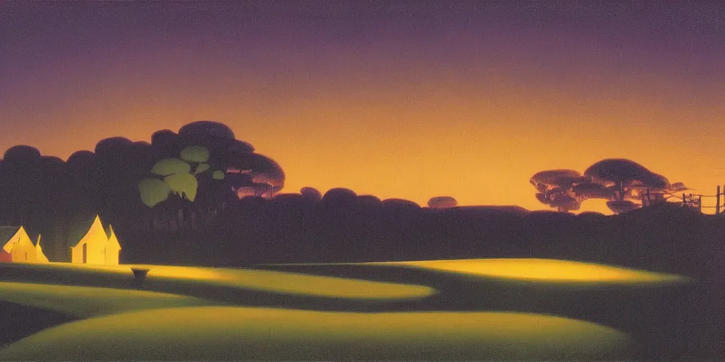 Image similar to a night landscape background, rob gonsavles, eyvind earle, heade martin johnson, edward hopper