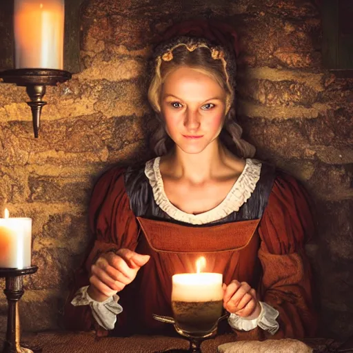 Image similar to young attractive beautiful scandinavian woman wearing 1 8 th century stay in a medieval tavern at night with candles, wow 4 k detail fantasy, matte painting, realistic materials, photo realistic, postprocessing, cinematic, hyperrealistic, studio lighting, ekaterina, the tudors, photography by richard jenkins