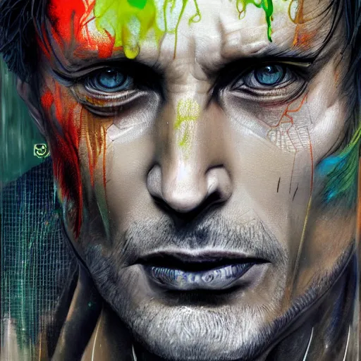 Image similar to a Demon Slayer portrait of Mads Mikkelsen, tall, pale-skinned, slender with lime green eyes and long eyelashes by Stanley Artgerm, Tom Bagshaw, Arthur Adams, Carne Griffiths, trending on Deviant Art, street art, face enhance, chillwave, maximalist, full of color, glittering