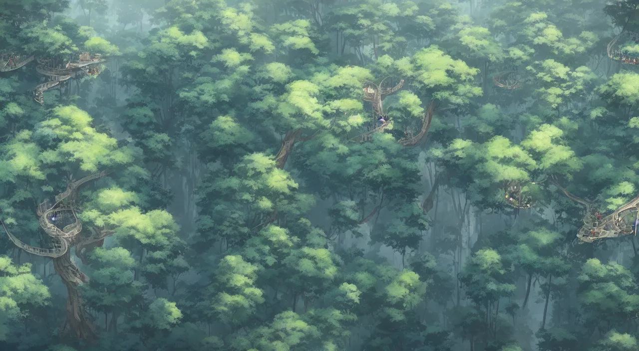 Image similar to aerial view of treetop canopy, by studio ghibli and greg rutkowski,