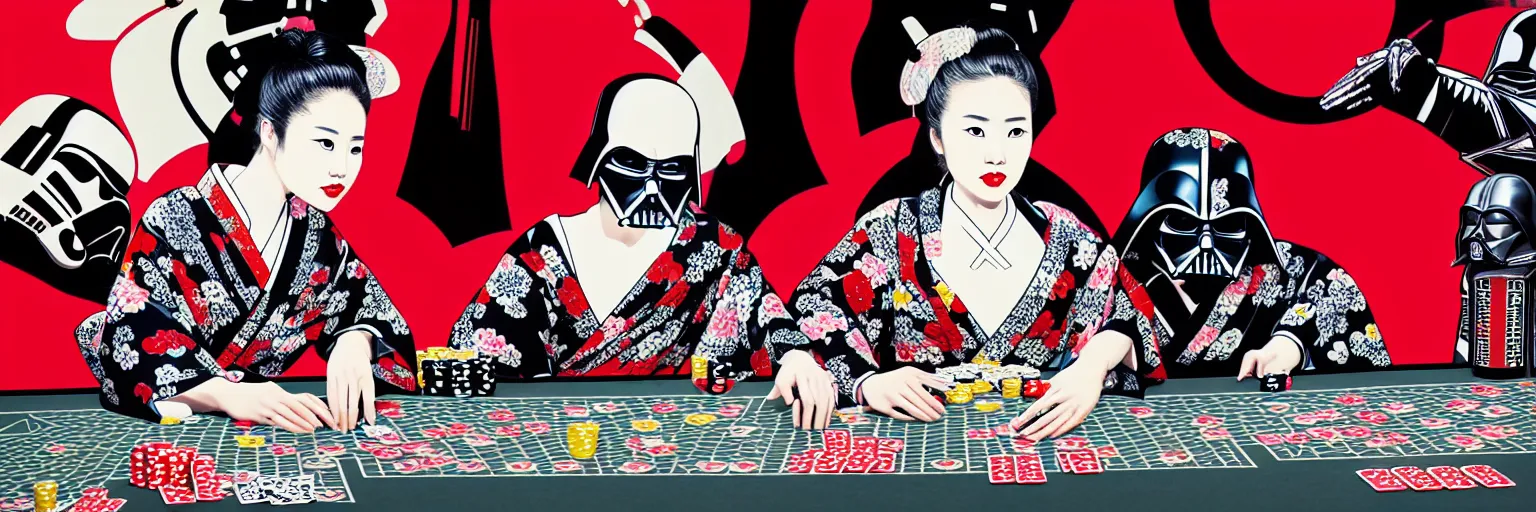 Image similar to hyperrealism composition of the detailed woman in a japanese kimono sitting at an extremely detailed poker table with darth vader and stormtrooper, fireworks on the background, pop - art style, jacky tsai style, andy warhol style, acrylic on canvas