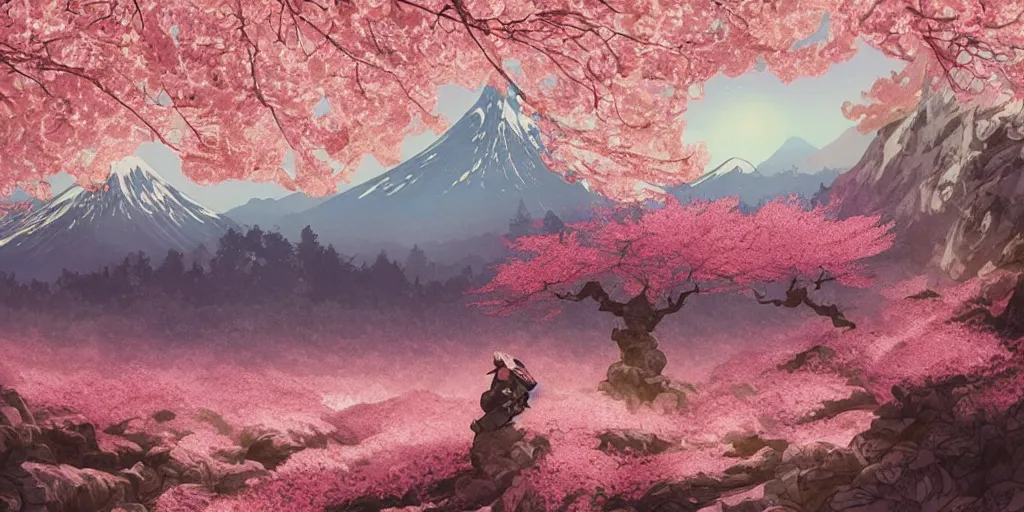 Prompt: japanese ink painting of a blooming cherry blossom forest with mountains in the background, highly detailed, vivid colors, cinematic lighting, 8 k, trending on artstation, art by artgerm and greg rutkowski and alphonse mucha
