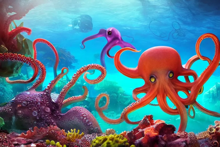 Prompt: dramatic and happy octopus swimming in an octopus'garden under the sea in the shade. trending on cgsociety, happy atmosphere, volumetric lighting, unreal engine, exaggerated detailed, 3 5 mm lens,