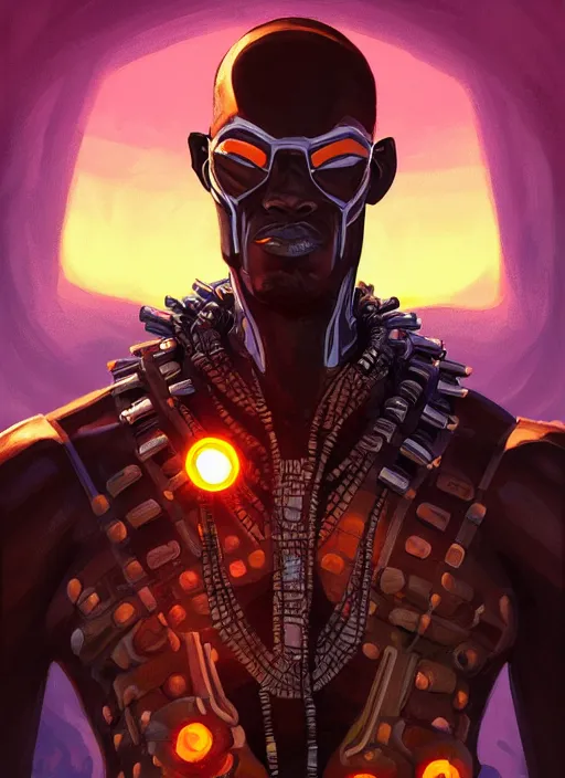 Prompt: highly detailed digital painting of afrofuturistic wakandan scientist cybernetic voodoo priest, masculine and sinister, 2 d game fanart behance hd by jesper ejsing, by rhads, makoto shinkai and lois van baarle, ilya kuvshinov, rossdraws, dramatic sunset, global illumination, radiant light, detailed and intricate environment