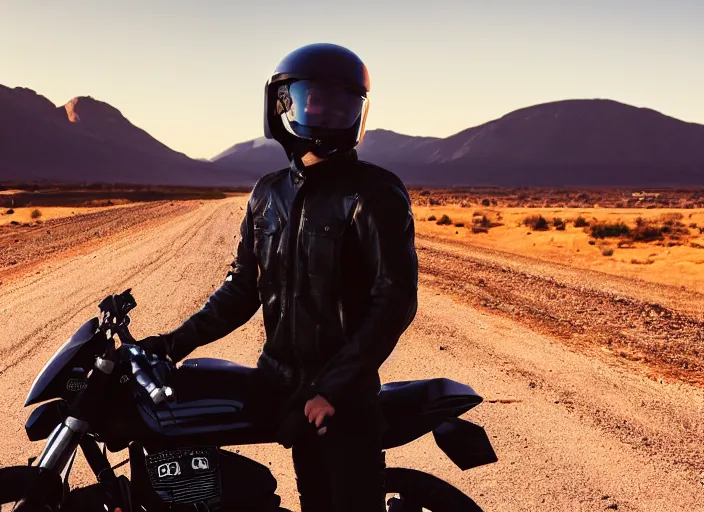 Prompt: portrait photo of young man posing with a black modular helmet and a motorcycle on a desert road, wearing a black modular helmet, silhouette of mountains in background, sunset, golden hour, cinematic, octane, 4 k, 8 k, art gallery masterpiece by rainer schlegelmilch