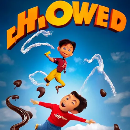 Prompt: a movie poster of a small boy flying taking off 1 0 feet from the ground by using a jetpack that spits a liquid chocolate syrup blend with milk burst with twirls of flow and fluid, and a giant white cereal bowl in the ground getting splashed by the chocolate burst, pixar 3 d animation style