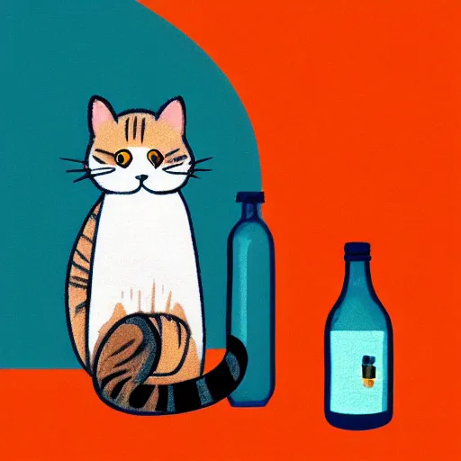 Image similar to a cat standing next to a bottle of medicine. orange cat. animal. digital art. artstation. illustration.