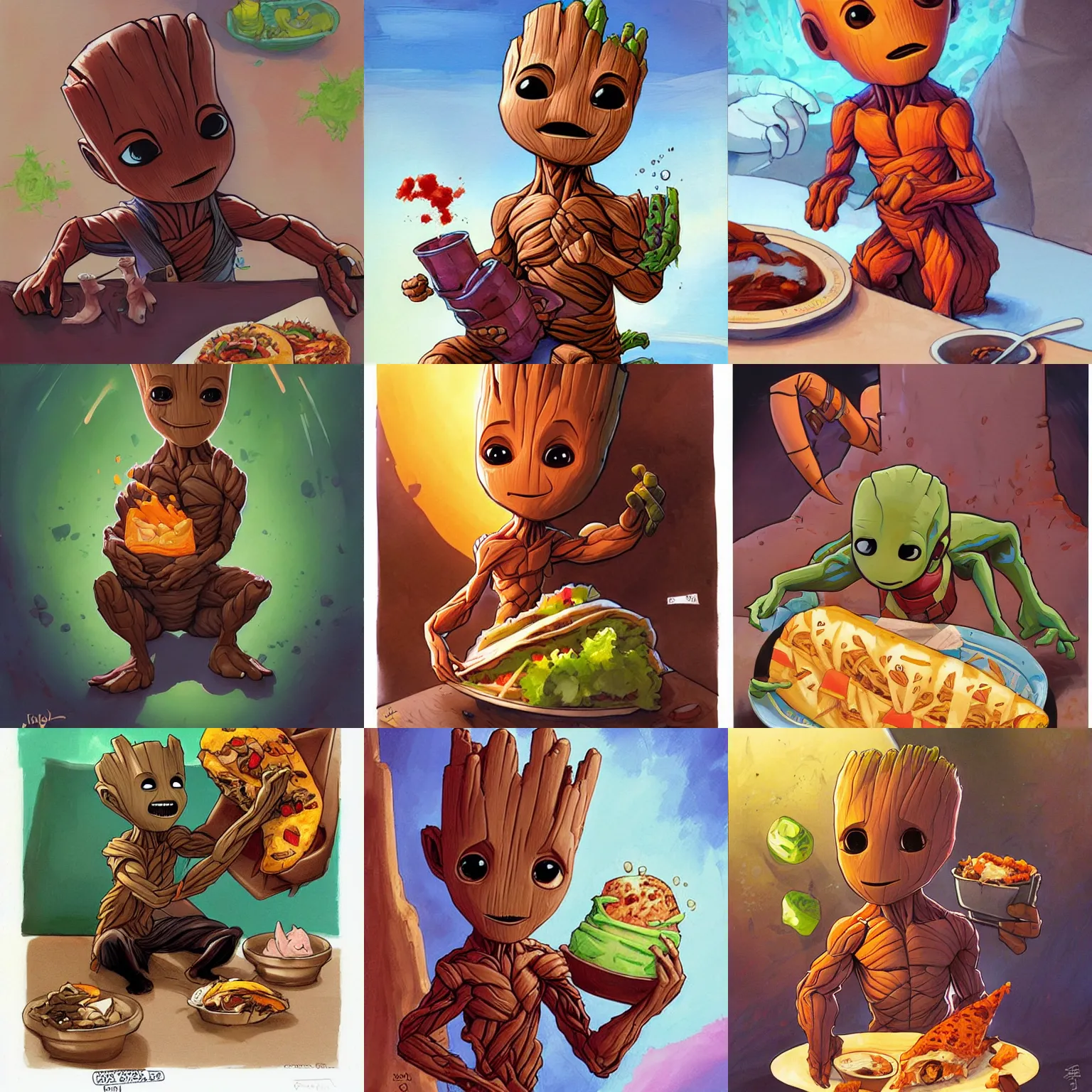 Prompt: baby groot eating a giant burrito by jesper ejsing