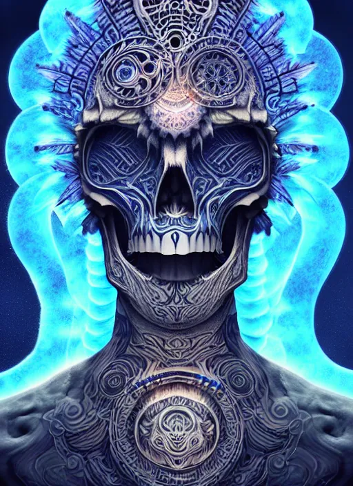 Image similar to 3 d shaman with tattoos profile portrait, sigma 5 0 0 mm f / 5. beautiful intricate highly detailed quetzalcoatl skull and feathers. bioluminescent, plasma, frost, water, wind, creature, gradient background, thunderstorm! artwork by tooth wu and wlop and beeple and greg rutkowski, 8 k trending on artstation,