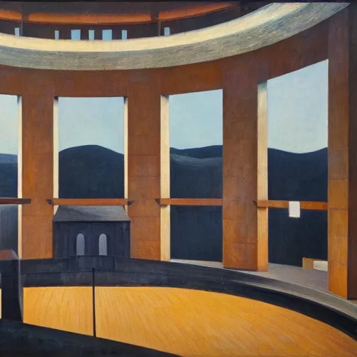 Image similar to hydroelectric dam interior, turbines, grant wood, pj crook, edward hopper, oil on canvas