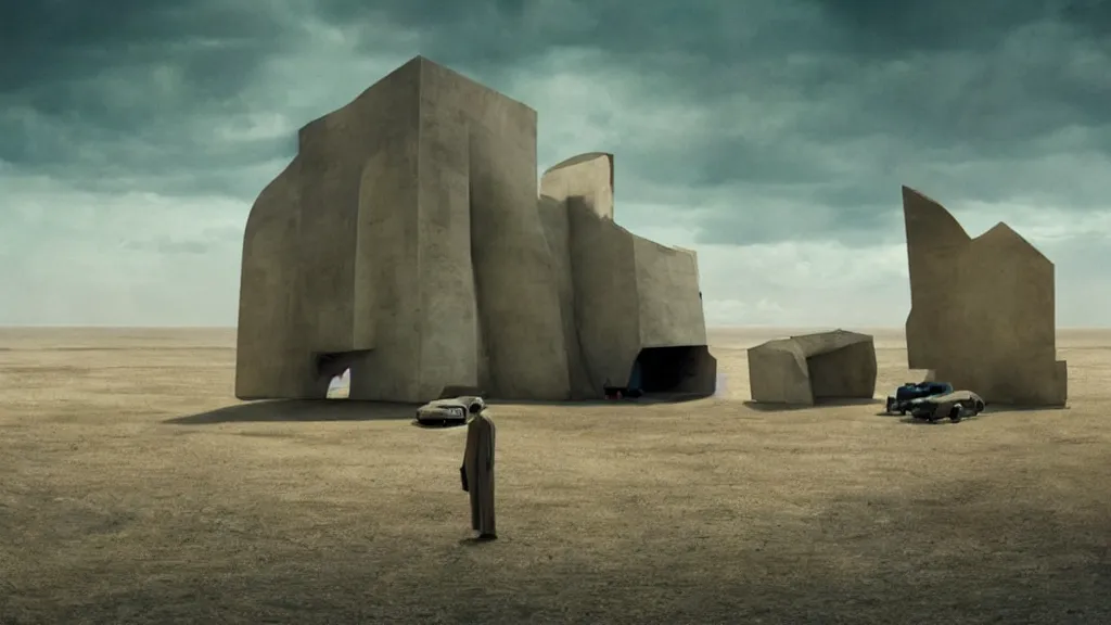 Image similar to the Corbin Project, film still from the movie directed by Denis Villeneuve with art direction by Salvador Dalí, wide lens