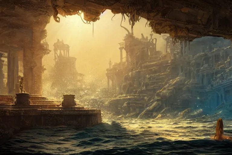 Image similar to a beautiful painting of the lost city of Atlantic city under water, ray of sunlight, mermaid in distance, Greg Rutkowski, Moebius, Mohrbacher, blue and gold color scheme