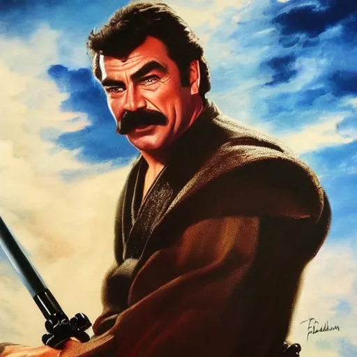 Image similar to ultra realistic portrait painting of tom selleck as anakin skywalker, art by frank frazetta, 4 k, ultra realistic, highly detailed, epic lighting