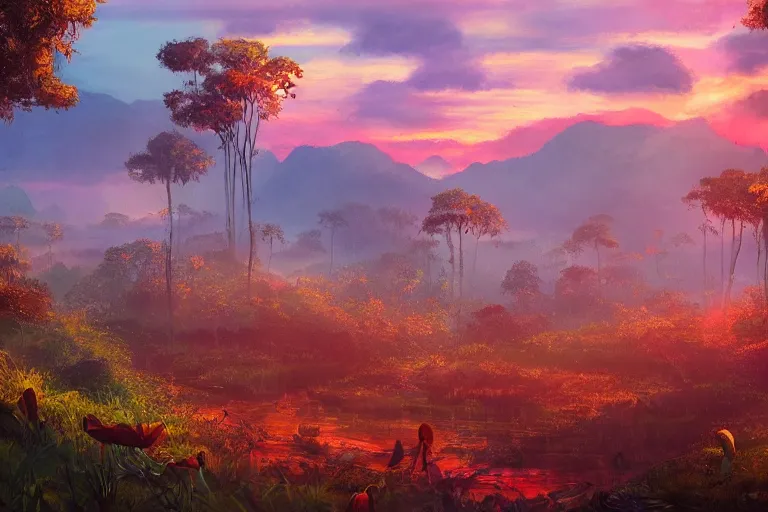 Image similar to gorgeous scarlet android beautiful sunset in the distance through the forest, jungle mountains in the background, highly detailed, trending on art station, very detailed birds, viva la vida art by coldplay