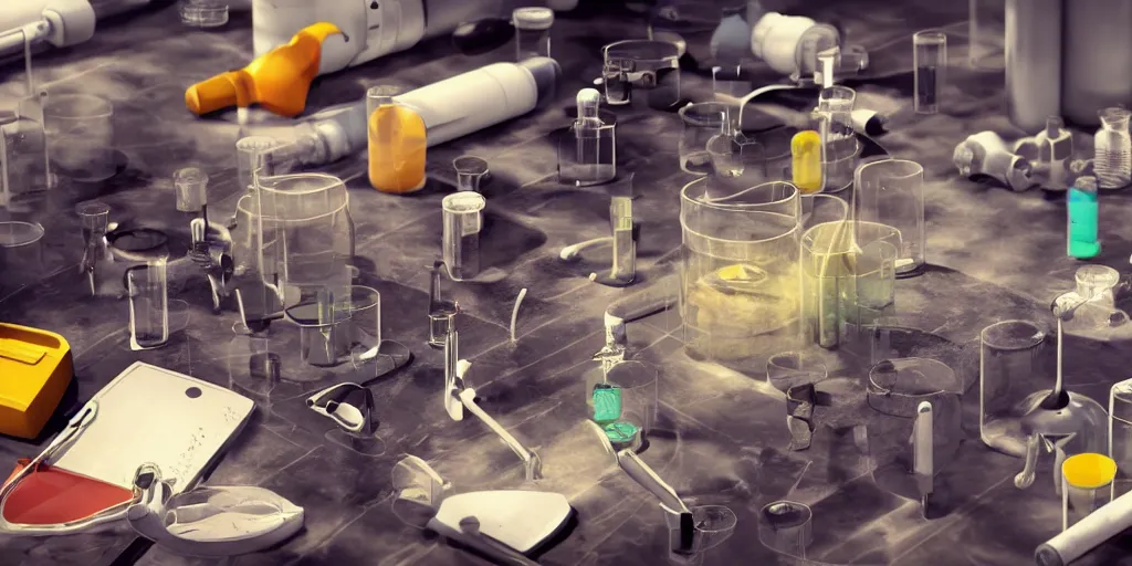 Image similar to instruments being used to mix chemicals, scientist, blender, 3d, apartment