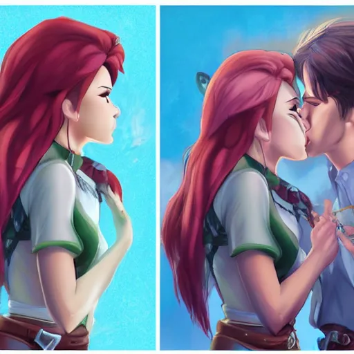 Image similar to female link and malon kissing, concept art, highly detailed