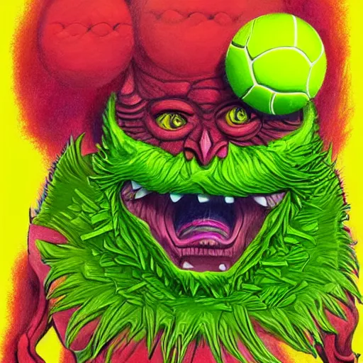 Prompt: a tennis ball monsters, devil colorful, digital art, fantasy, magic, chalk, trending on artstation, ultra detailed, professional illustration by basil gogos