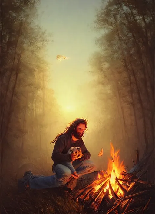 Prompt: highly detailed portrait of long - haired hillbilly around a bonfire with his fluffy australian shepherd, stephen bliss, art by greg rutkowski, loish, rhads, ferdinand knab, makoto shinkai and lois van baarle, artgerm, pixar, ilya kuvshinov, rossdraws, tom bagshaw, global illumination