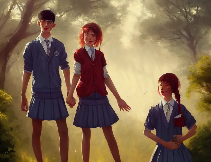 Image similar to a beautiful fashion big eye girl wear flashy dress and a handsome boy wear school uniform in festival | | sunny, dreamlike art, mist, realistic shaded, smile, good looking, fine details, 4 k realistic, cryengine, realistic shaded lighting poster by greg rutkowski, magali villeneuve, artgerm, jeremy lipkin and michael garmash and rob rey
