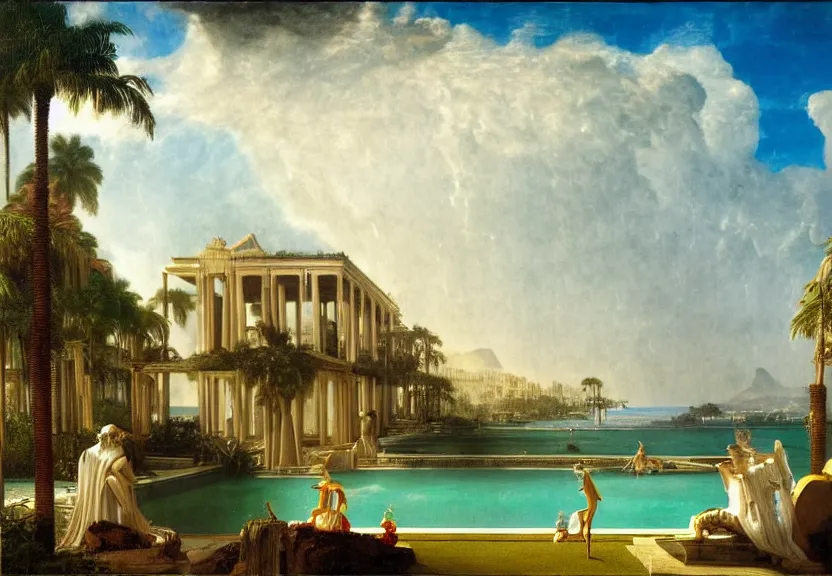 Image similar to Palace floating in the sky, 1km tall, thunderstorm, greek pool, beach and palm trees on the background major arcana sky, by paul delaroche, hyperrealistic 4k uhd, award-winning very detailed