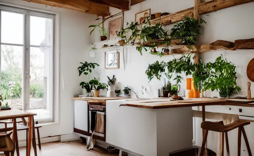 Image similar to interior of an a frame cabin kitchen with many plants, bed, white walls, wood beams, vintage orange fridge, swedish design, natural materials, minimalism, warm wood, earth colors, feng shui, rustic, white, beige, bright, plants, windows with a view of a green park, modernist, 8 k