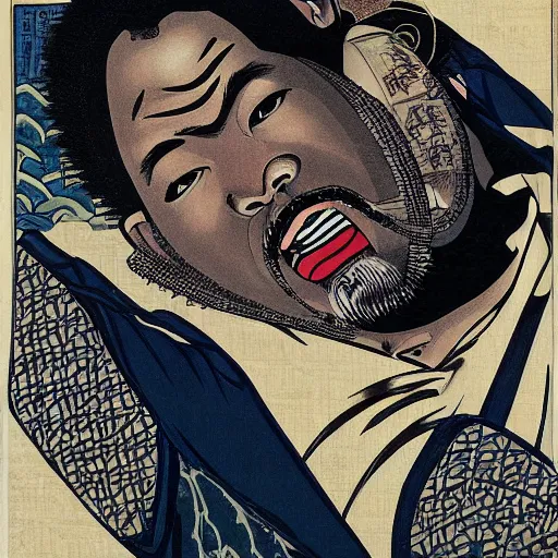 Image similar to Raekwon rapping, portrait, style of ancient text, hokusai