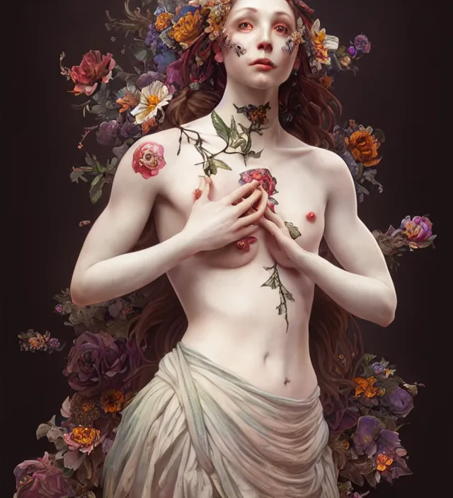 Image similar to baroque portrait of a icelandic princess of porceline skin, full body floral tattoos, cinematic lighting, photorealistic, octane render, 8 k, art by artgerm and greg rutkowski and alphonse mucha and uang guangjian