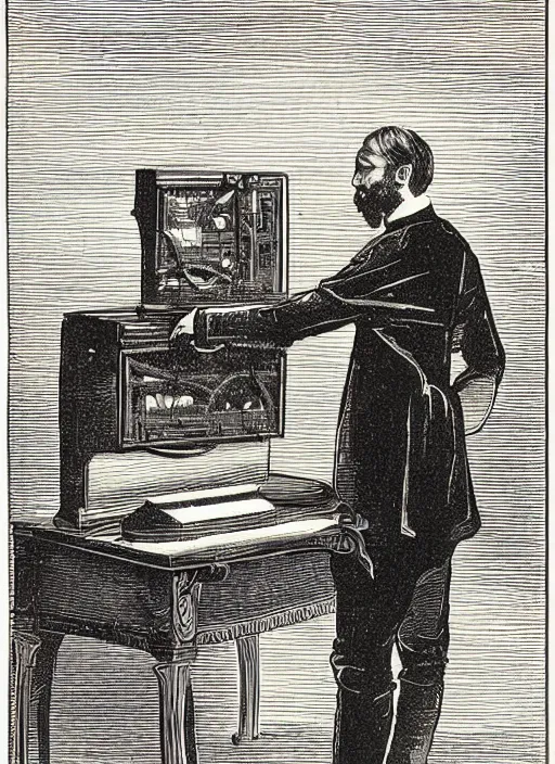 Image similar to 19th century wood-engraving of a computer capable of drawing pictures, a man stand in front of it looking confused, whole page illustration from Jules Verne book, art by Édouard Riou Jules Férat and Henri de Montaut, frontal portrait, high quality, beautiful, highly detailed, removed watermarks