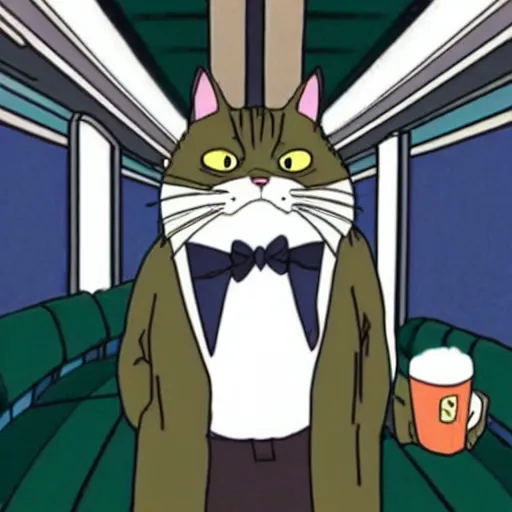 Prompt: “ angry cat wearing a suit riding the subway, studio ghibli, spirited away, anime, by hayao miyazaki ”