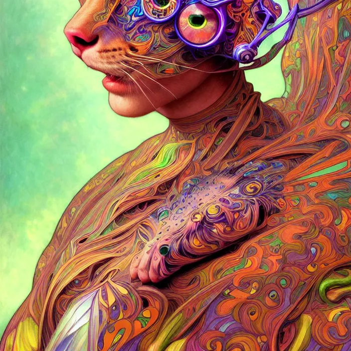 Image similar to bright psychedelic portrait of organic cat cyborg, wings, diffuse lighting, fantasy, intricate, elegant, highly detailed, lifelike, photorealistic, digital painting, artstation, illustration, concept art, smooth, sharp focus, art by John Collier and Albert Aublet and Krenz Cushart and Artem Demura and Alphonse Mucha