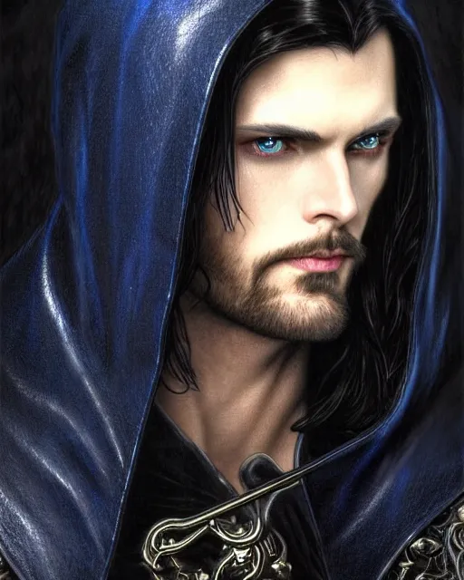 Image similar to handsome male 3 / 4 view, long black hair blue eyes wearing leather mantle gothic navy cloak with leather details, cliffside town, fantasy character portrait, ultrarealistic, intricate details, elegant, cinematic lighting, highly detailed, artstation, d & d art, cgsociety, sharp focus, beautiful digital painting by artgerm, gerald brom, wlop, alphonse mucha