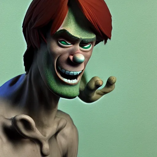 Image similar to a buff shaggy rogers making a surprised face, concept art by guillermo del toro, cgsociety, verdadism, creepypasta, zbrush, groovy