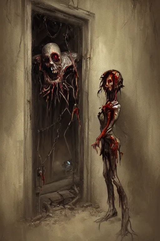 Image similar to a painting of a zombie coming out of a doorway, concept art by dave melvin, photorealistic, hooks on chains, featured on deviantart, fantasy art, concept art, grotesque, creepypasta, black magic, demonic