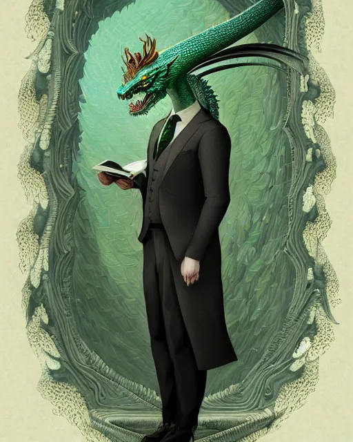 Prompt: anthropomorphic art of a businessman dragon, green dragon, portrait, victorian inspired clothing by artgerm, victo ngai, ryohei hase, artstation. fractal papers, newspaper. stock certificate, highly detailed digital painting, smooth, global illumination, fantasy art by greg rutkowsky, karl spitzweg