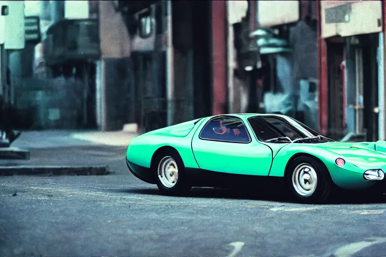 Image similar to stylized poser of a single 1973 Citroen DM Miura ((McLaren F1)) ((DeLorean)), thick neon lights, ektachrome photograph, volumetric lighting, f8 aperture, cinematic Eastman 5384 film