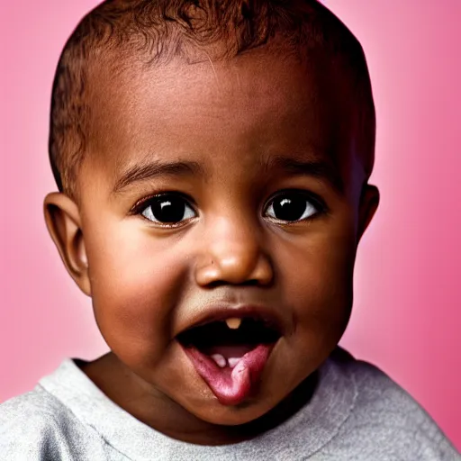 Image similar to the face of kanye west at 2 years old, portrait by julia cameron, chiaroscuro lighting, shallow depth of field, 8 0 mm, f 1. 8