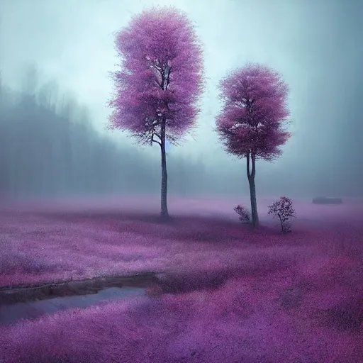 Image similar to michal karcz grunge painting of a beautiful landscape. , purple trees, detailed, elegant, intricate, 4k,