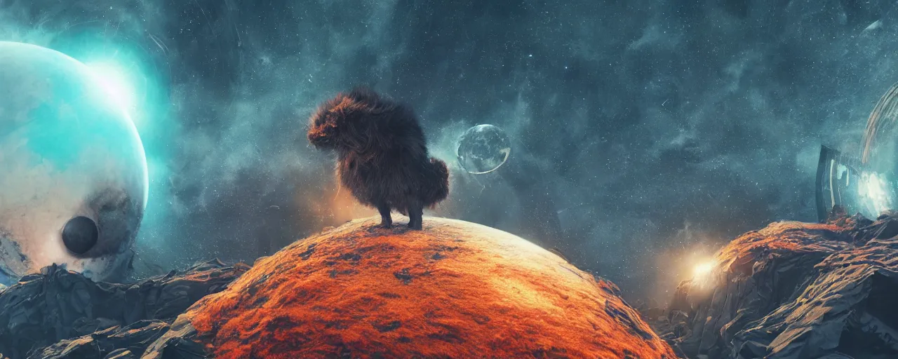 Prompt: ” outer planet made of fur, [ colourful, cinematic, detailed, epic, widescreen, opening, establishing, mattepainting, photorealistic, realistic textures, octane render ] ”