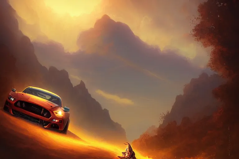 Image similar to a mustang driving down a country road, coriolios rpg art style, full of details, warm sunset colors, matte painting, artstation, 8 k, hyperrealistic, style of peter mohrbacher