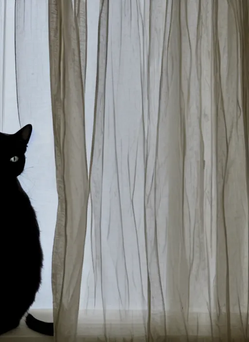 Prompt: a cat silhouette behind a transparent window curtain