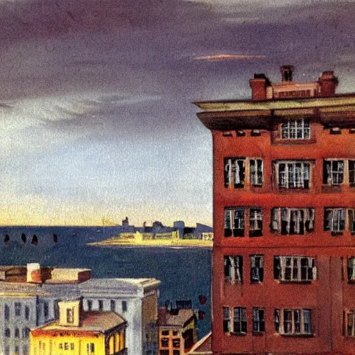 Image similar to full color painting of a balcony view of 1 9 2 5 boston with a broken sky, dark, brooding, night