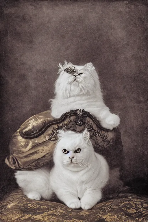 Image similar to a magnificent wet plate photo portrait of a fluffy fat royal cat on an embroidered velvet cushion on a neo - rococo gilded little bed, by david lachapelle, photorealistic, photography, wide shot