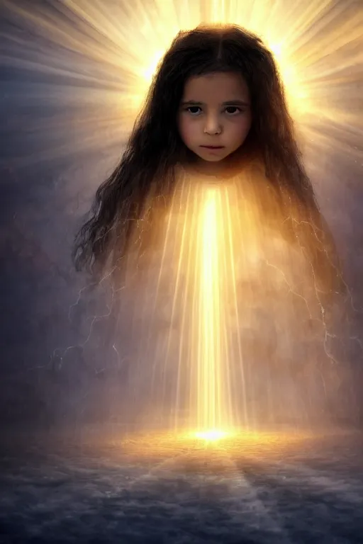 Image similar to a young girl with flowing black hair and chequered robe is watching a storm inside a symmetrical fantasy crystal. atmospheric, 4 k, highly detailed. surrounded by golden rays of light