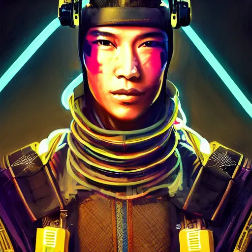 Image similar to cyberpunk samurai, with techware, subject centered in the frame, golden ratio, rule of thirds, volumetric lighting, prismatic neon accents, D&D, intricate, elegant, highly detailed, digital painting, japanese , altered carbon style, trending on artstation, unreal engine 5, octane render, redshift, concept art, art by Artgerm and Greg Rutkowski and Alphonse Mucha