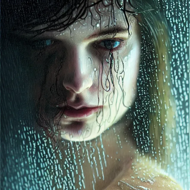 Prompt: bright portrait surreal rain on face and wet hair, diffuse overhead lighting, fantasy, intricate, elegant, dramatic lighting, highly detailed, lifelike, photorealistic, digital painting, artstation, illustration, concept art, smooth, sharp focus, art by John Collier and Albert Aublet and Krenz Cushart and Artem Demura and Alphonse Mucha