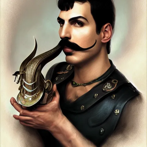 Image similar to portrait of freddie mercury playing waluigi, fantasy, intricate, elegant, highly detailed, digital painting, artstation, concept art, matte, sharp focus, illustration, art by aenaluck and roberto ferri and greg rutkowski, digital painting