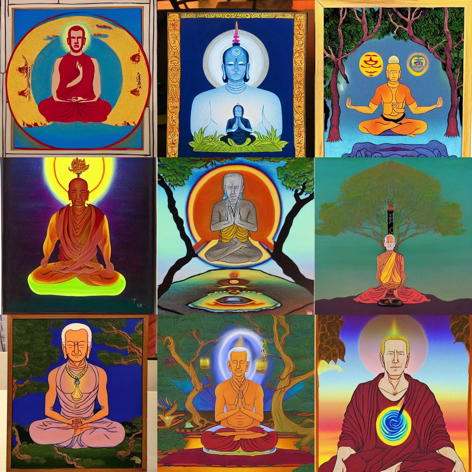 Prompt: joe biden meditates under the bodhi tree, third eye, tempera on wood