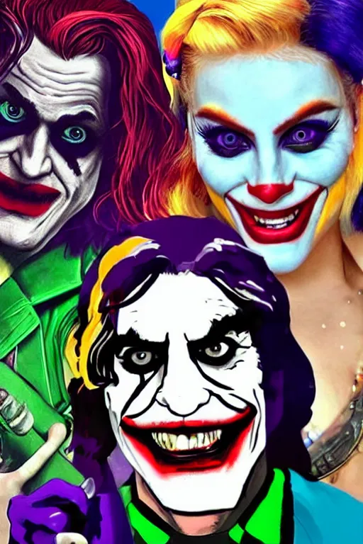 Prompt: joaquin phoenix as joker and lady gaga as harley quinn, remove duplicate content!!!!, delete duplicate content!!!, violet polsangi pop art, gta chinatown wars art style, bioshock infinite art style, incrinate, realistic anatomy, hyperrealistic, rgba color, white frame, content balance proportion