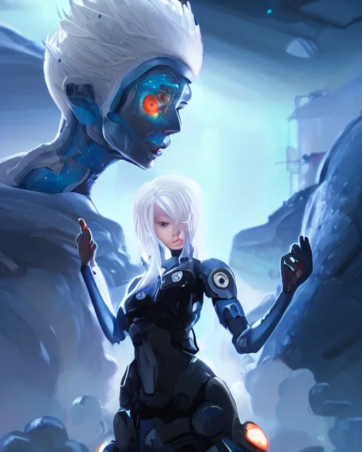 Image similar to cyborg girl with white hair and black skirt, alien hive, mystery, beautiful illustration, scifi, futuristic, radiant, atmosphere, harmony, top lighting, blue eyes, focused, perfect composition, artstation, highly detailed, art by yuhong ding and chengwei pan and serafleur and ina wong