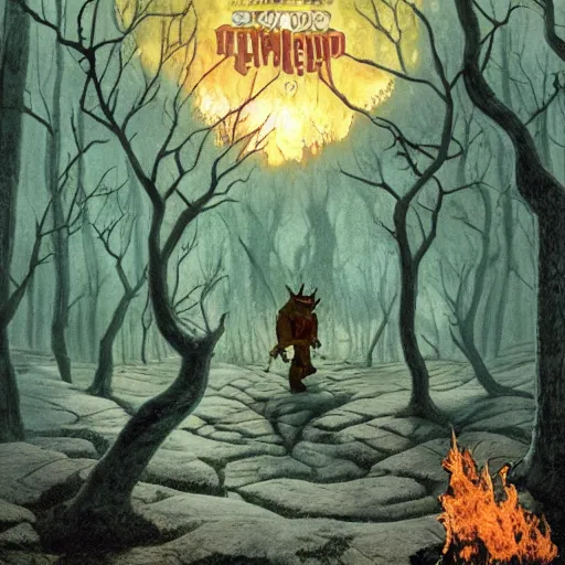 Prompt: shrek next to an oak tree aflame, still, fog in background, dantes inferno, evil album cover